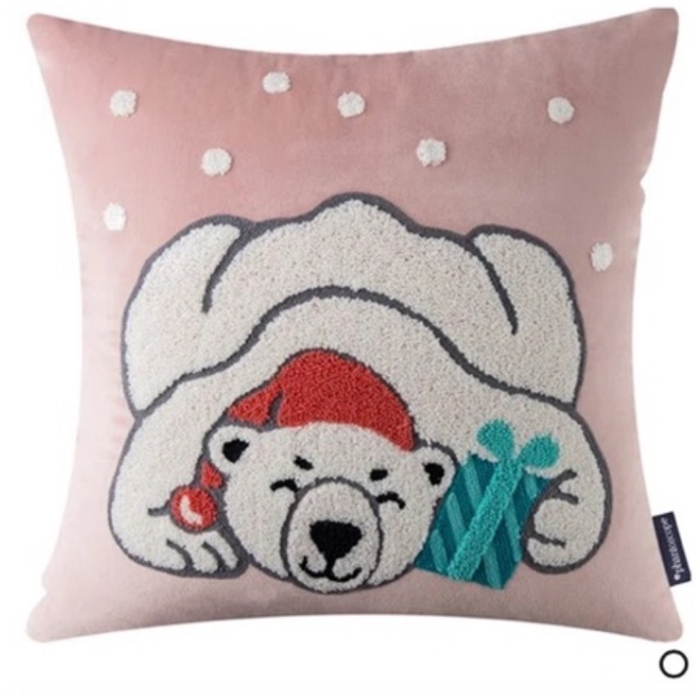Holiday Polar Bear Pillow - Pink and White